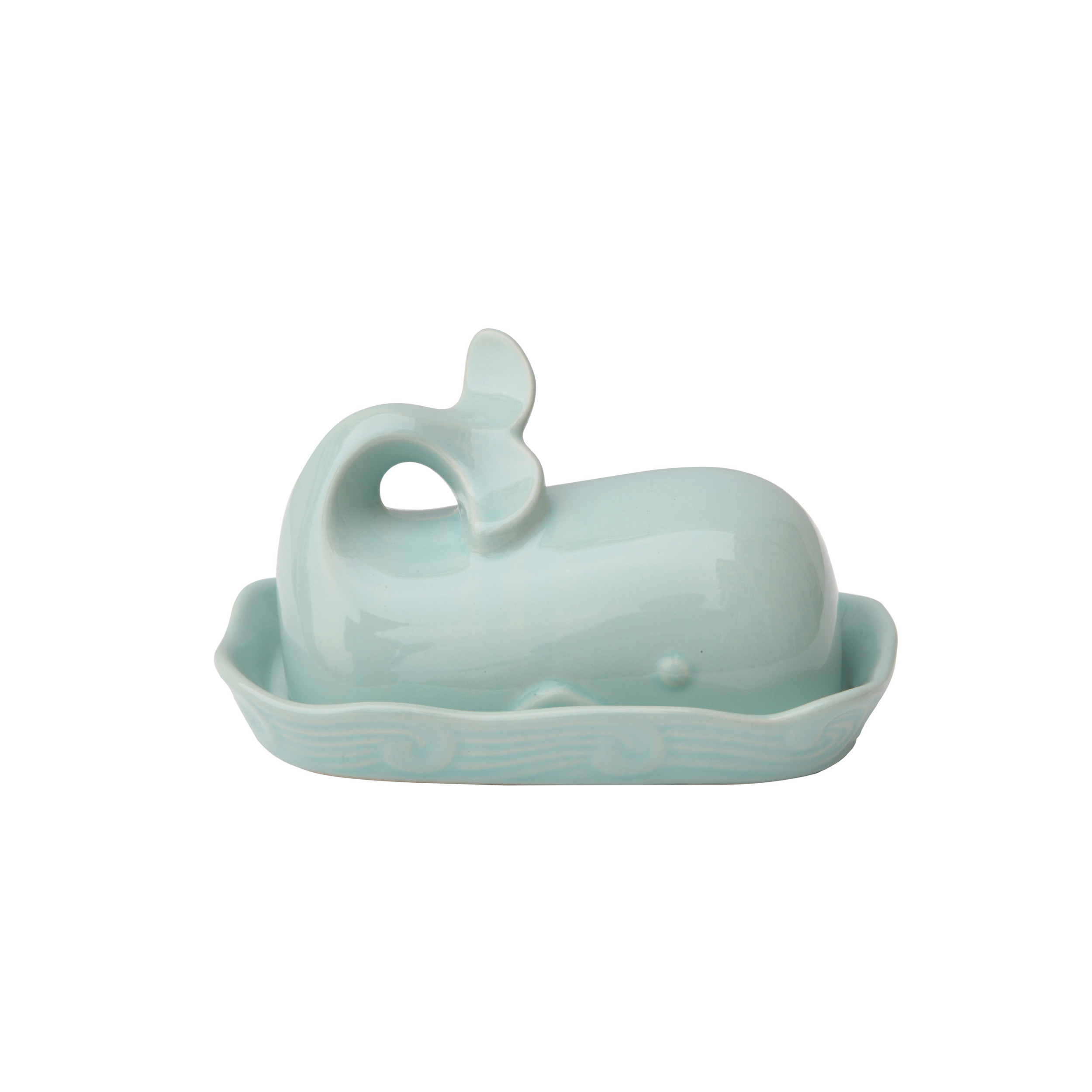 7"L x 4"H Stoneware Whale Butter Dish, Aqua