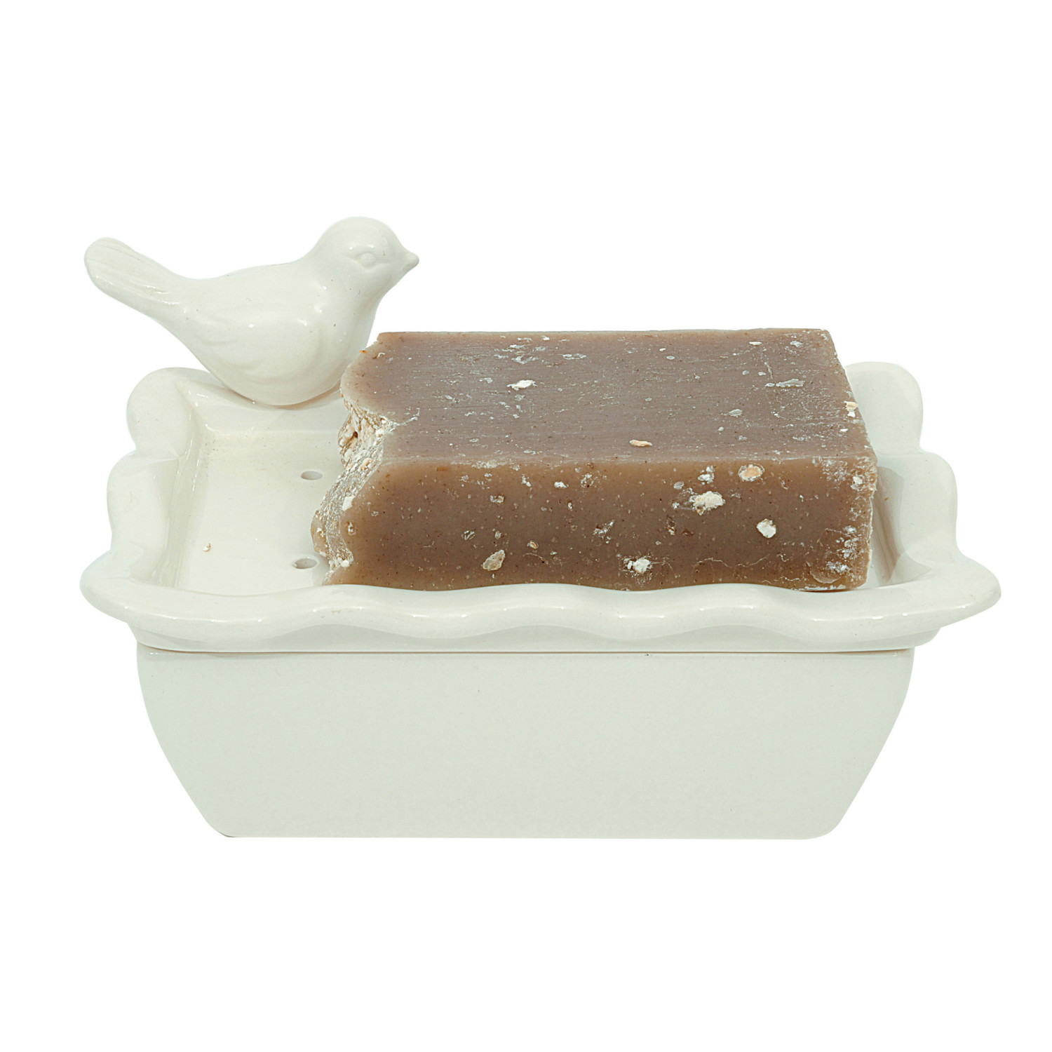 51/4"L Ceramic Soap Dish w/ Removable Tray w/ Bird, White