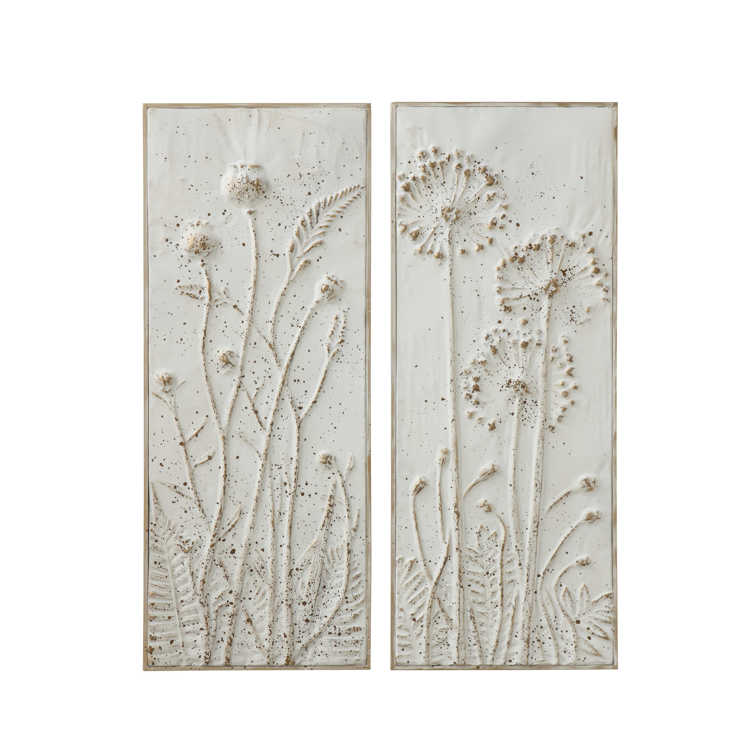 141/4"L x 361/4"H Metal Wall Decor w/ Embossed Flowers, Distressed White Finish, 2 Styles
