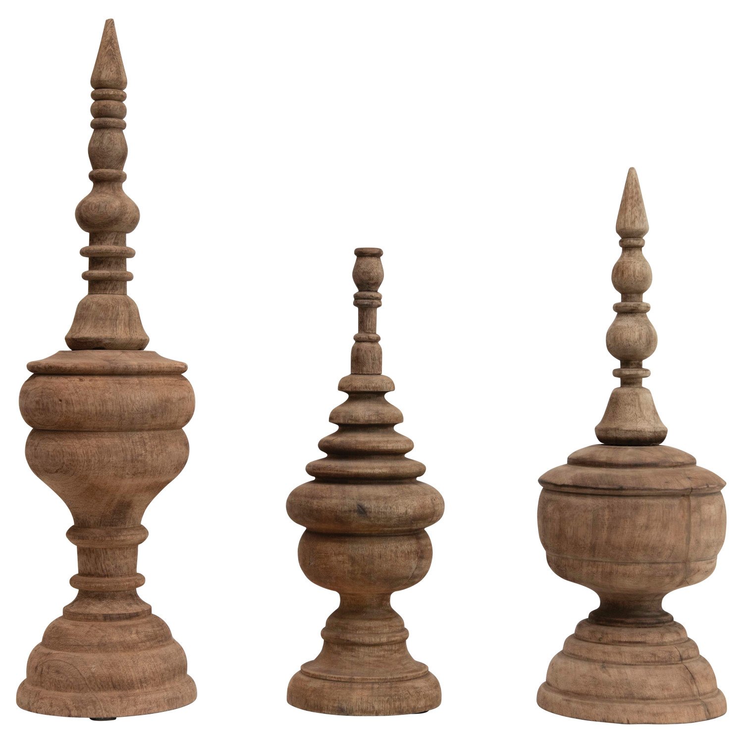 20"H, 16"H & 131/2"H Carved Mango Wood Finials, Set of 3