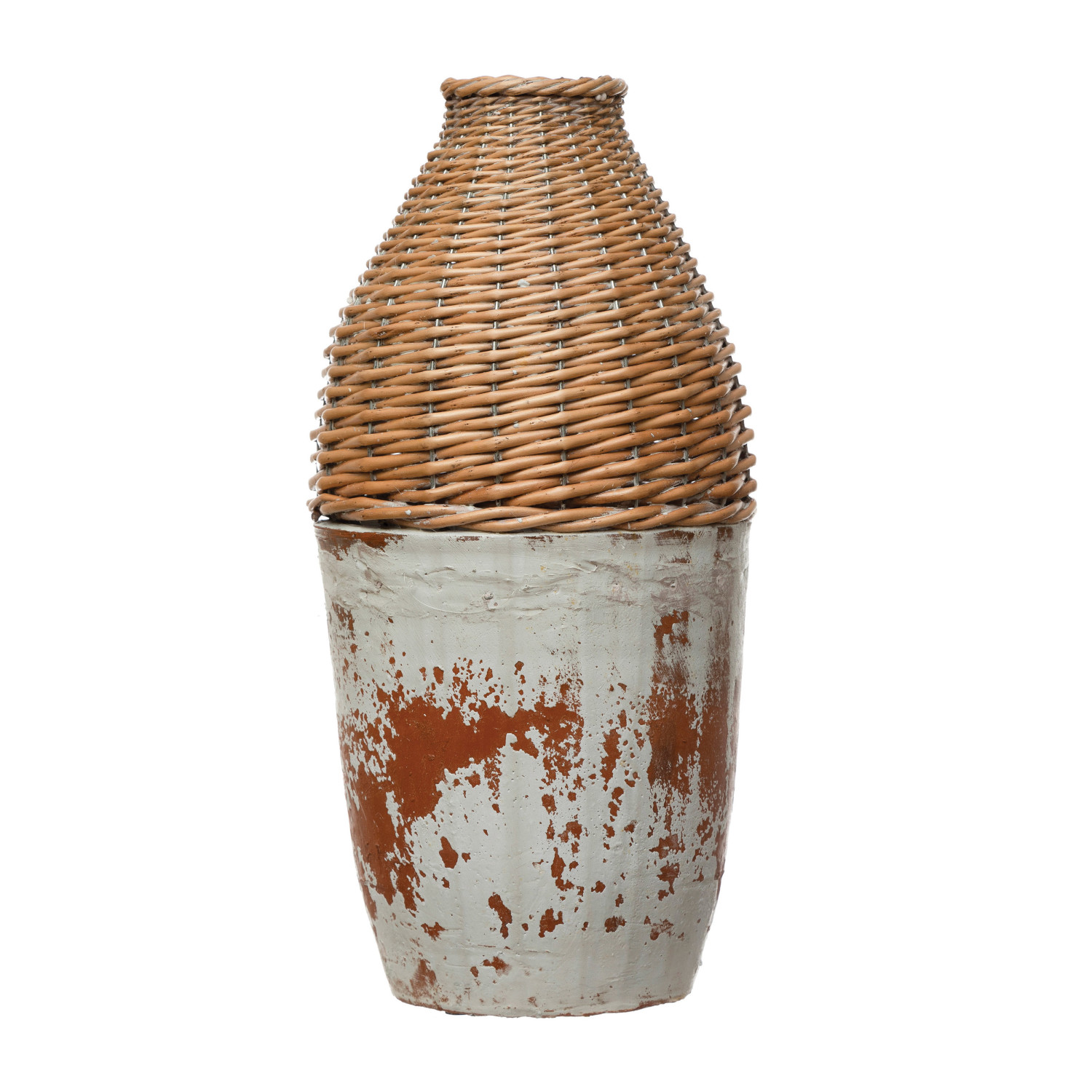 6-3/4" Round x 16-1/2"H Hand-Woven Rattan & Clay Vase ...