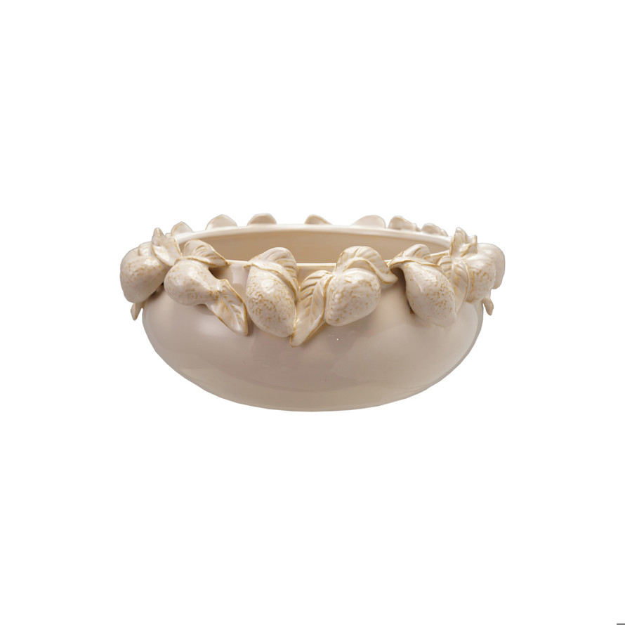 Shell Rim Motif Creamware Stoneware Bowl with 3D Lemons on Rim, Cream Color