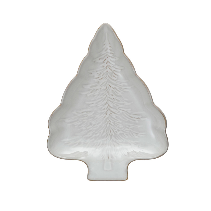 White Tree Plate Stoneware Tree Shaped Plate w/ Tree Design (Each One Will Vary)