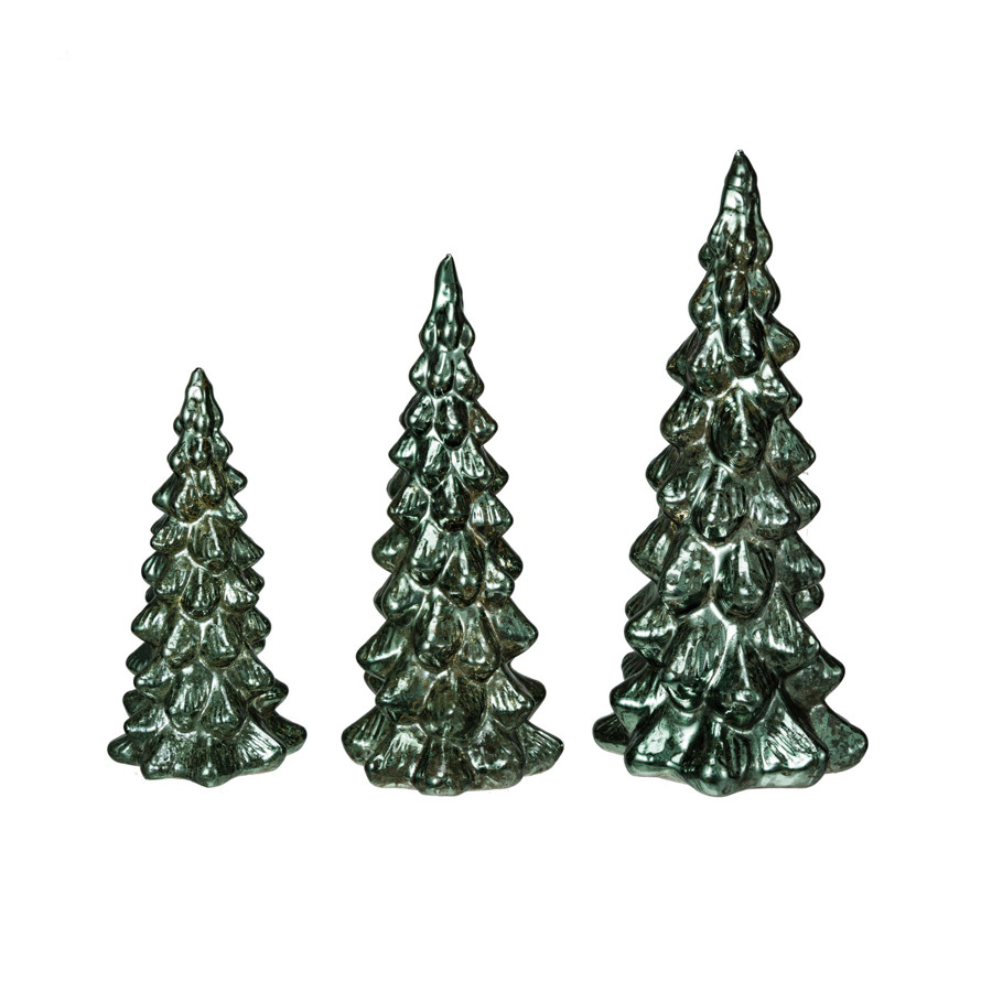 Glass Led Tree Set Mercury Glass LED Trees, Green, Set of 3