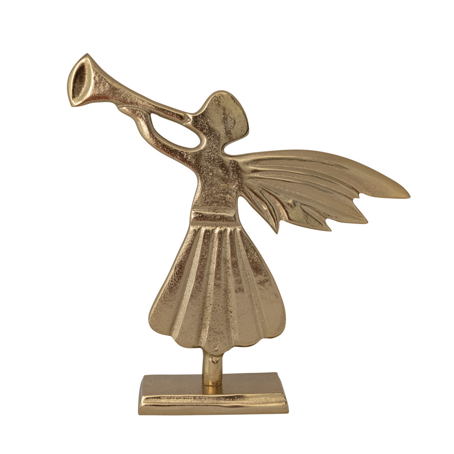 Two Ring Angel Cast Aluminum Two-Sided Angel with Trumpet, Gold Finish