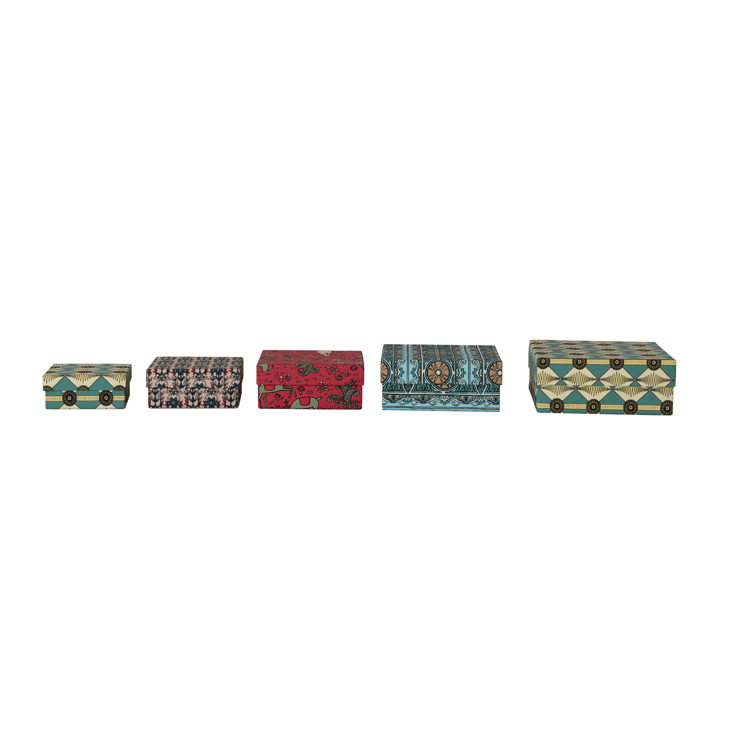 Handmade Printed Recycled Paper Gift Boxes with Patterns, Set of 5