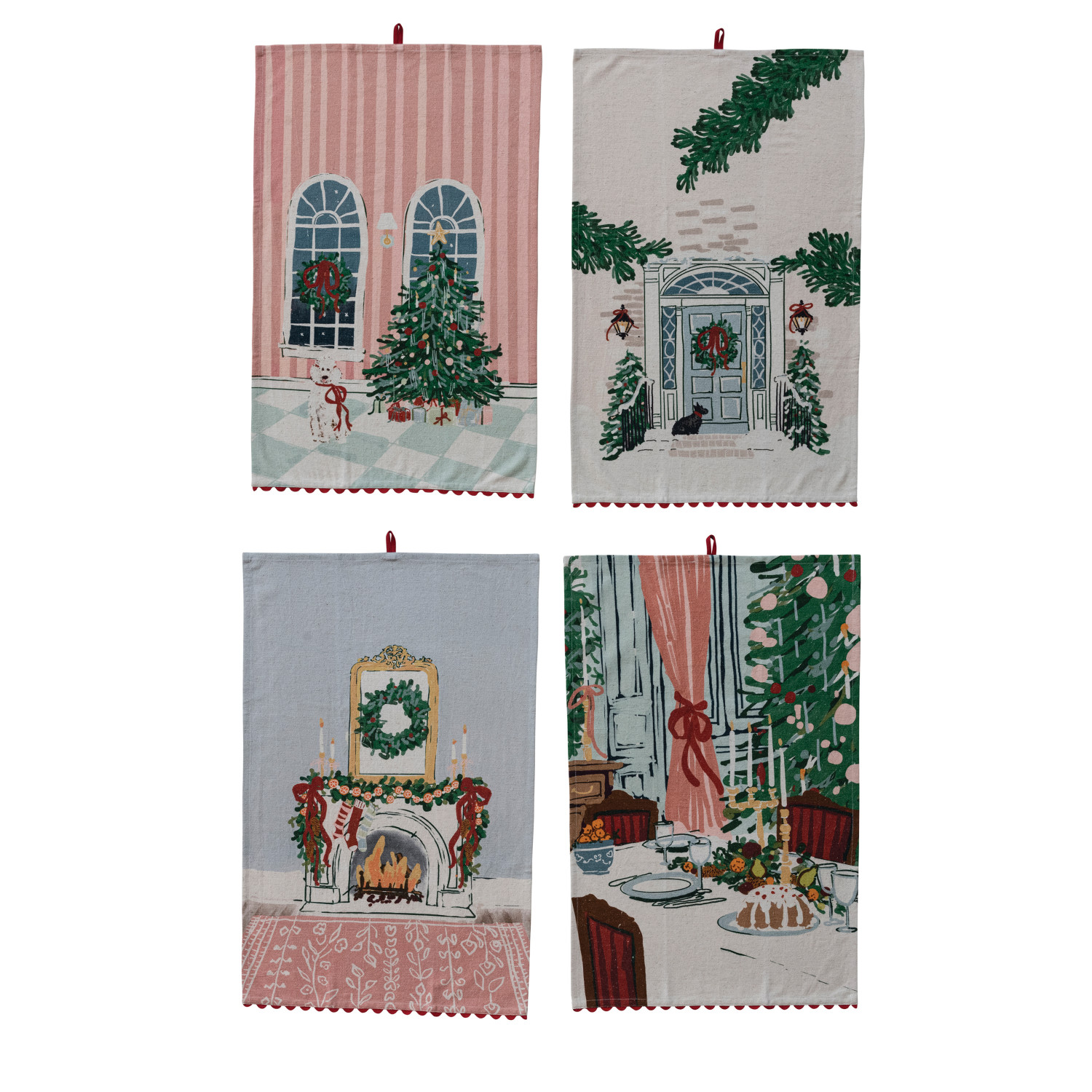 Ric Rac Pattern Tea Set Cotton Printed Tea Towel with Holiday Scene & Ric Rac Trim, 4 Styles