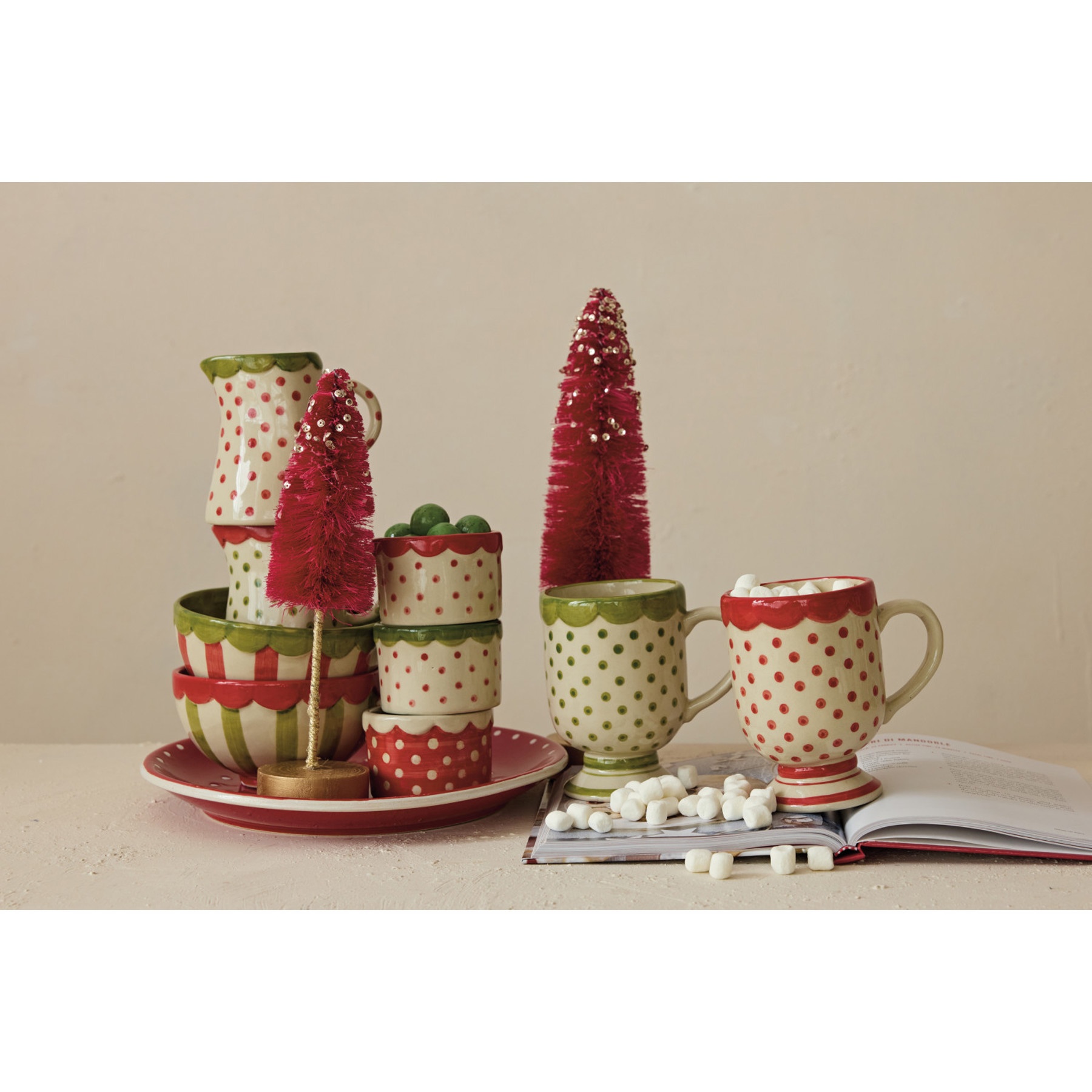 Shell Rim Motif Creamware 6 oz. Hand-Painted Stoneware Creamer with Polka Dots & Scalloped Rim, 2 ...